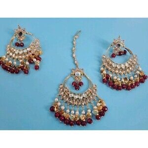 Maang Tikka And Earring Set Bridal Inda Ethnic Breaded Gold Tone Boho Dangle